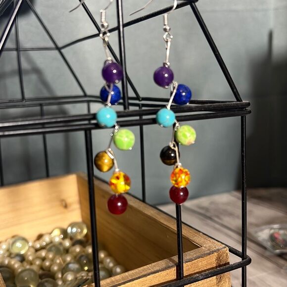 Colorful Beaded Dangle Earrings — Boho Rainbow Drop Style - Picture 2 of 5